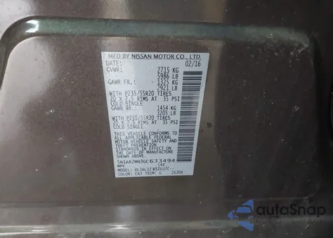 2016 Nissan Pathfinder Platinum from USA, damaged, VIN 5N1AR2MN3GC633494